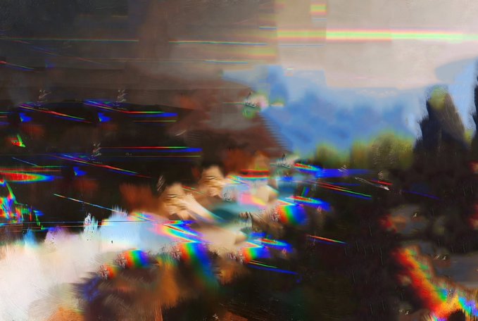 An abstract, glitch-like digital artwork featuring blurred streaks of rainbow colors, geometric shapes, and a distorted, dreamlike composition.