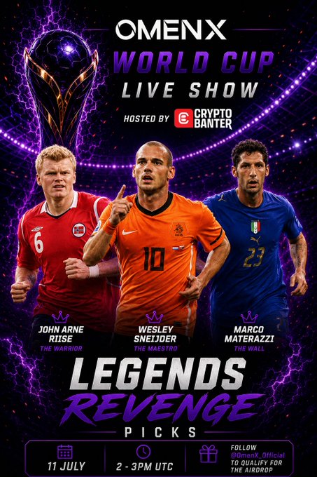 The image is a promotional poster for the "OMENX World Cup Live Show," hosted by Crypto Banter, featuring football legends Wesley Sneijder (The Maestro), John Arne Riise (The Warrior), and Marco Materazzi (The Wall) in their national team jerseys. The poster, branded with "Legends Revenge Picks," advertises a 2-3PM UTC live stream on 11 July to qualify for an airdrop, which aligns with the post's announcement of the live show where these icons will share their World Cup predictions.