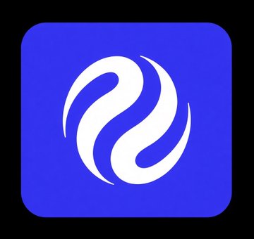 Blue app icon with a white stylized flame/wave logo.