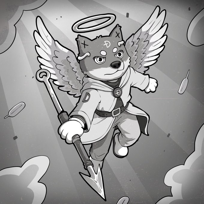 ildshade, a black and white illustration of a dog with wings, holds a staff and sword against a cloudy sky backdrop.