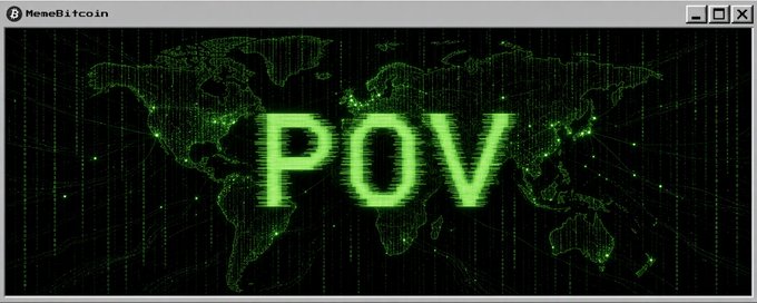 A retro-styled MemeBitcoin window displays a green digital world map with the bold text "POV" overlaid, evoking a hacker/matrix aesthetic that ties into the post's message about measuring meaningful contributions to the 1,096,361 Bitcoin narrative rather than chasing viral attention.