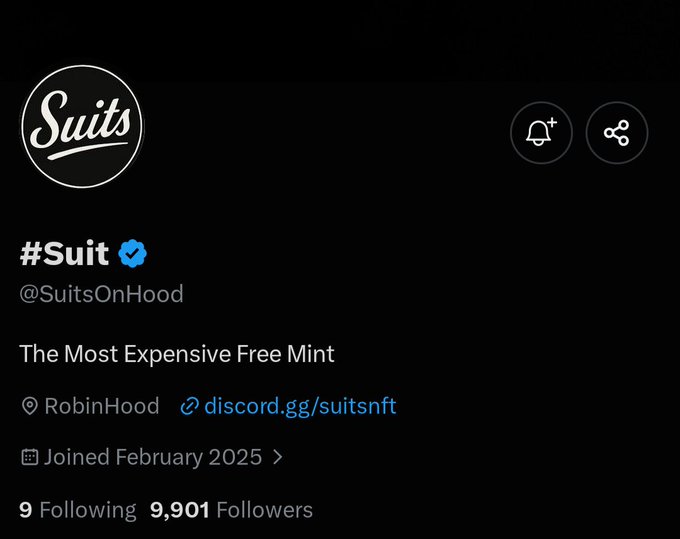 A Twitter profile for "Suits" (@SuitsOnHood), a verified account with 9,901 followers, identifies itself as "The Most Expensive Free Mint" located in RobinHood, which corresponds to the post announcing their August 31st launch with 3,000 supply and a free mint featuring three mint windows for various NFT holder communities.