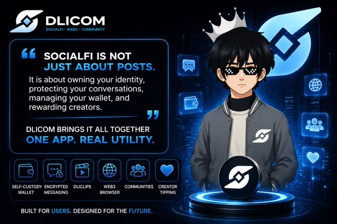 A promotional graphic for DLICOM (SocialFi), featuring an anime-style character with a crown and pixel sunglasses, advertising features like self-custody wallet, encrypted messaging, and creator tipping.