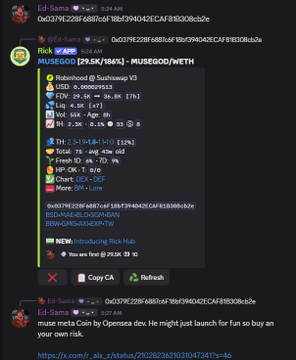 A screenshot of a Discord channel shows an embedded token alert from Rick with the ticker "MUSGOD/WETH" on Uniswap v3, displaying a market cap of $29.5K and highlighting "Robonhood @ Sushiswap V3" with a 15x noted in the post's context. The post celebrates catching early alpha on the meme token MUSGOD before its rapid 15x price surge.