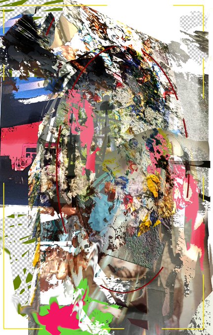 An abstract digital art piece featuring chaotic paint textures, photographic fragments, and bright pops of pink and yellow, framed by a yellow geometric line and a checkered background.