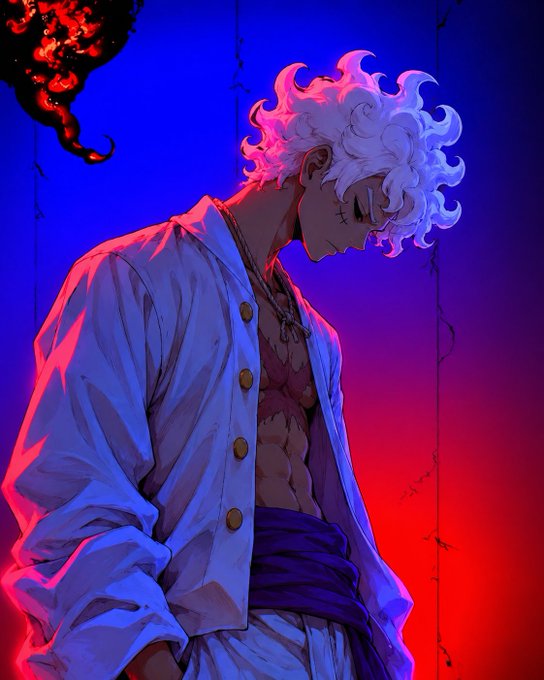 An anime-style illustration of a white-haired character in an open white shirt with a red and blue dramatic lighting background.