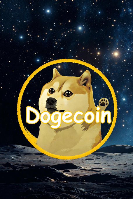 An illustrated Shiba Inu dog inside a yellow circle with the text 'Dogecoin' is set against a cosmic background featuring a starry night sky and a rocky lunar surface.