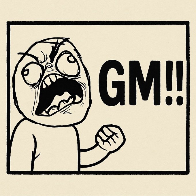 Black and white rage comic face yelling 'GM!!' with a clenched fist raised.