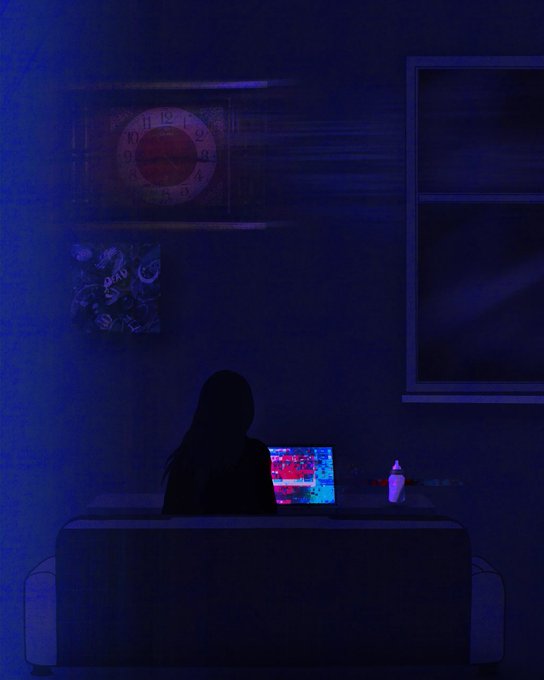 A silhouetted figure sits at a laptop illuminated by the screen in a dimly lit blue room with a clock on a shelf.