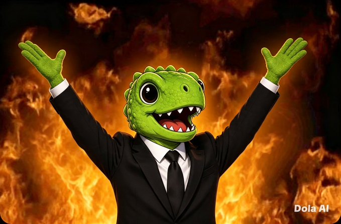 A person wearing a black suit with arms raised stands against a backdrop of flames, with a green cartoon dinosaur head edited over their face; 'Dola AI' is written in the corner.