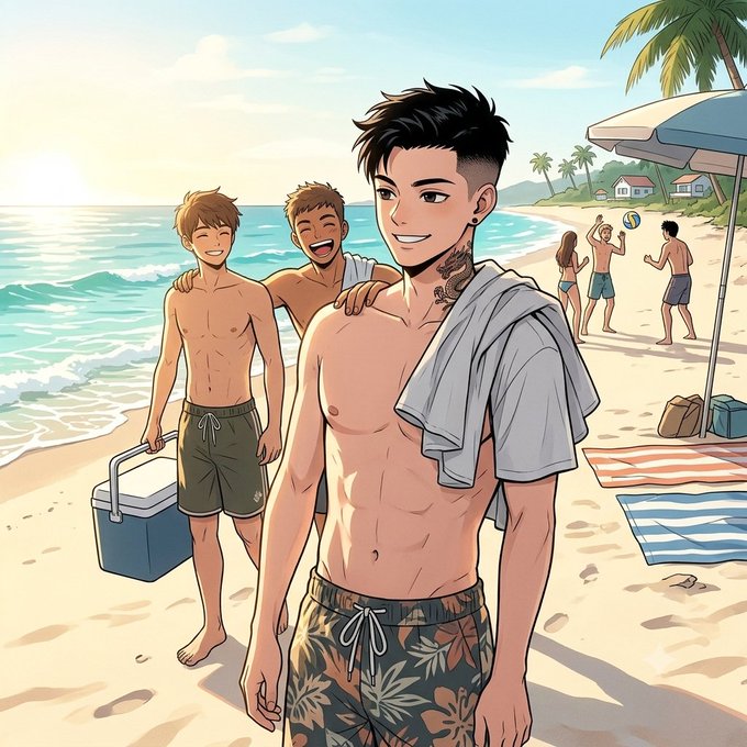 A vibrant anime-style beach scene featuring shirtless young men enjoying a sunny seaside day with friends, palm trees, and beach activities in the background. The relaxed, tropical vibe visually complements the post's message about Canopy Network's mission to transform AI applications into valuable on-chain assets in the Web3 economy, evoking a sense of leisure and forward-looking optimism.