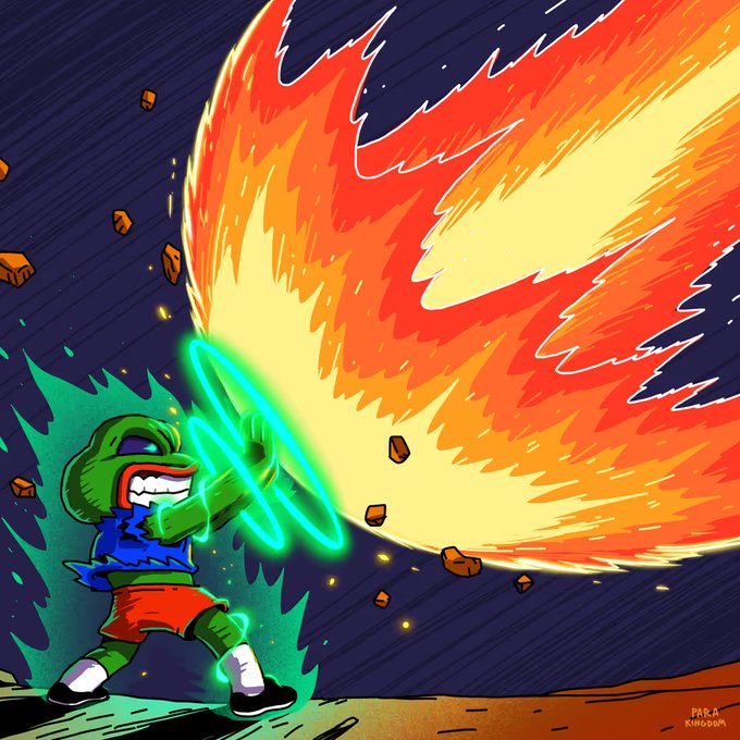 A cartoon Pepe the Frog character channels a massive, fiery blast through a glowing teal portal while wearing a red shirt, with the signature "PARA @RXAQA9A" visible in the bottom right corner. The image's explosive "trust us" energy visually reinforces the post's rallying cry aimed at hopeful future community members.