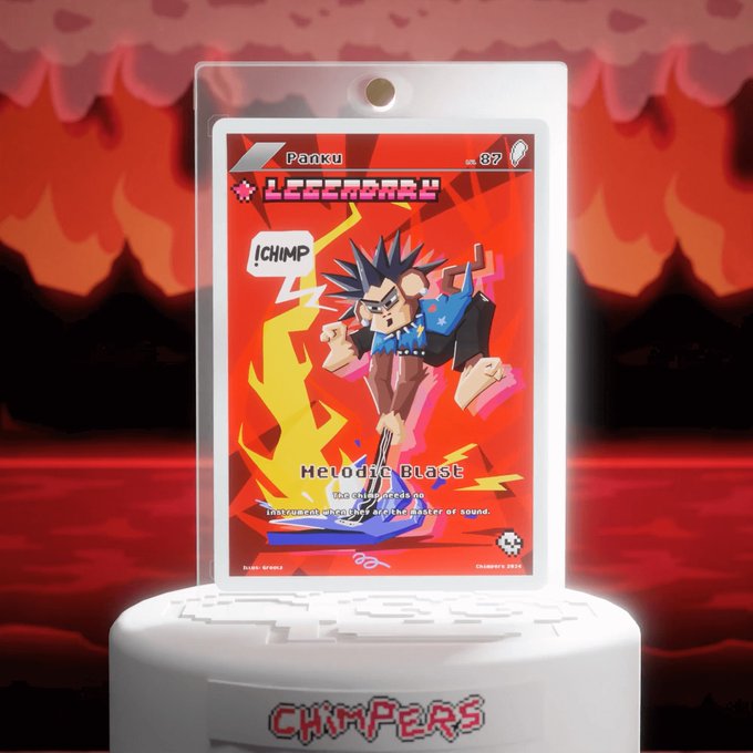 A custom CH!MPZARS Pokémon-style trading card featuring 'Panku' (number 87), a character with spiky blue hair shouting 'Melodic Blast' against a red, lightning-filled background, displayed on a white CH!MPZARS stand.