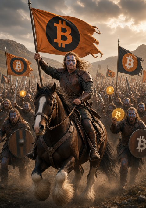 A warrior on horseback rallies a fierce army of Bitcoiners, all bearing orange flags emblazoned with the ₿ symbol and shields marked with the iconic Bitcoin logo, perfectly embodying the post's rallying cry to "Lead the Bitcoin holders to victory" by charging into battle to "Stack those Sats."
