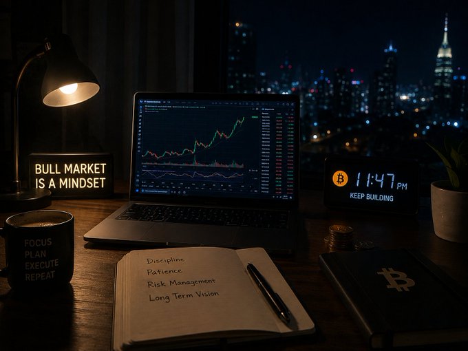 A dimly lit desk setup at night with a city skyline view, featuring a laptop showing a green trading chart, surrounded by items labeled 'BULL MARKET IS A MINDSET', 'FOCUS PLAN EXECUTE REPEAT', a notebook listing 'Discipline, Patience, Risk Management, Long Term Vision', a digital clock reading '11:47 PM KEEP BUILDING', and a Bitcoin notebook.
