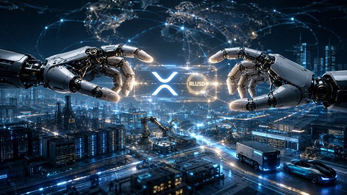 A futuristic digital illustration showing two robotic hands reaching toward an XRP coin, with a glowing world map and automated factory/industrial cityscape in the background featuring autonomous vehicles and manufacturing robots.