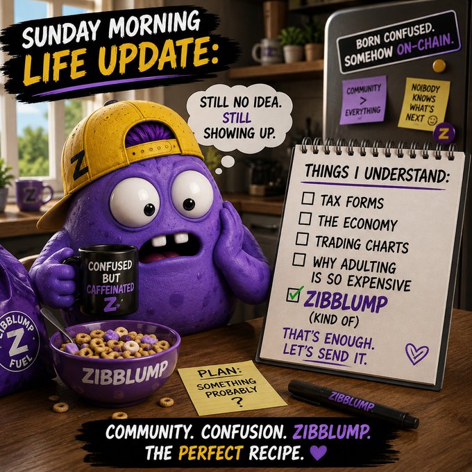 A humorous digital graphic titled "SUNDAY MORNING LIFE UPDATE" featuring a purple blob character in a yellow hat holding a "MUCED BUT CAFFEINATED Z" mug, next to a notepad listing things they understand, with "ZIBBLUMP" checked off.