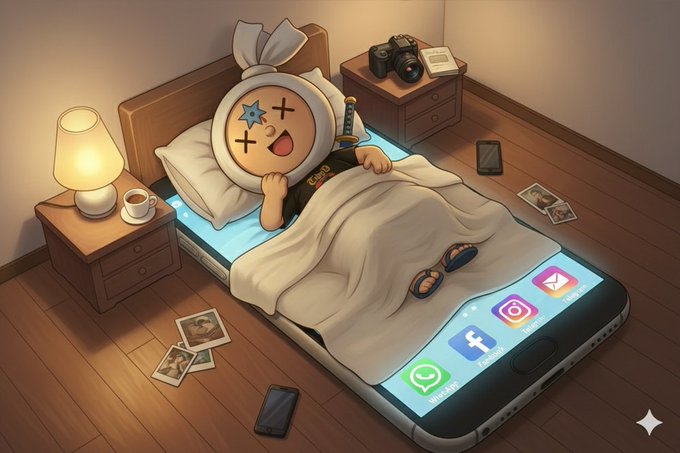 The image features a cartoon character, possibly a girl or boy, lying in bed surrounded by various objects such as a cell phone, a cup of coffee, and some photos. The character appears to be in a state of sleep with their head propped up on pillows. The surrounding items include the cell phone which is placed next to the character's face, a cup of coffee positioned near the left side of the bed, and several photos scattered around the scene.

The post that accompanies this image reads: "good night don't drown too deep in self pity if we keep seeing ourselves as someone miserable, we’ll lose the strength to deal with the situation we in rn let’s face our situation honestly and firmly ending the day with @wallchain @quipnetwork @3look_io". The post seems to be a lighthearted reminder of the importance of maintaining a positive attitude even when faced with challenging situations.