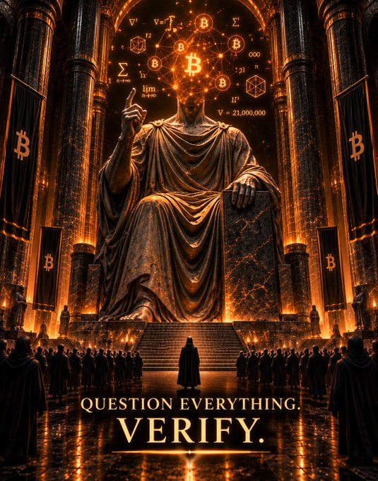 A dramatic AI-generated image depicting a colossal statue of a Bitcoin figure seated on a throne in a grand temple, surrounded by hooded figures and Bitcoin symbols, with the text 'QUESTION EVERYTHING. VERIFY.' at the bottom.