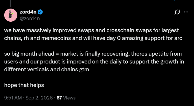 A tweet from verified user zord4n discusses improvements in swaps, crosschain swaps, and memecoins, mentioning day 0 support for ARC and an upcoming promising month for the market.