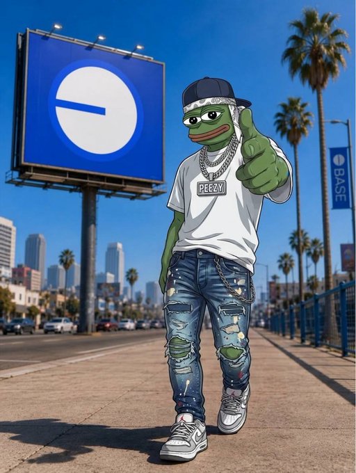 A Pepe the Frog character wearing a 'PEEZY' t-shirt, bandana, and ripped jeans gives a thumbs up in front of a large blue Base billboard billboard in a city.