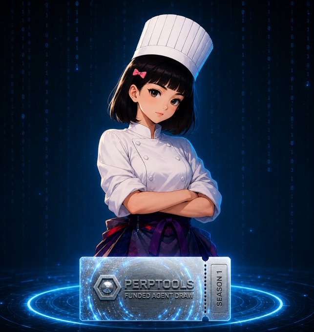 Anime-style chef girl in white uniform with a 'PERPTOOLS FUNDED AGENT DRAW SEASON 1' ticket displayed below her.