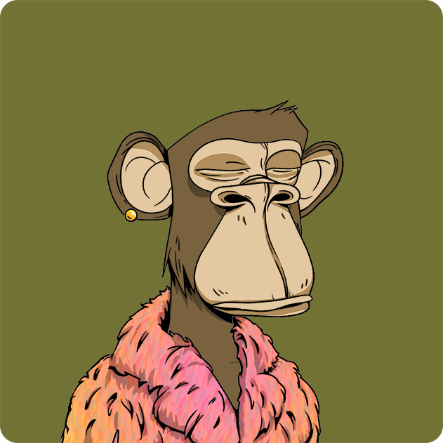 The image features a cartoon monkey wearing a pink coat, sitting against a green background with its eyes closed. The caption of the image reads "Ape #6120 Bought for 10 WETH 0x2bbb...90b3 cowperwood18.eth etherscan.io/tx/0xd0043b033 ... Return to Monke: opensea.io/collection/bor".