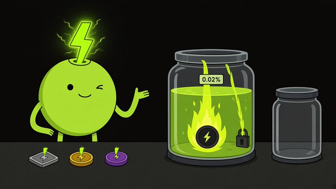 A cartoon illustration featuring a green, lightning-bolt-headed character standing next to a jar containing a fiery lock icon labeled '0.02%', with three small battery-like tokens on the floor.