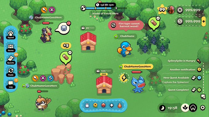 Screenshot of a colorful 2D mobile MMORPG game with various characters, trees, and UI elements; a red error notification reads 'Fire type cannot harvest wood!'
