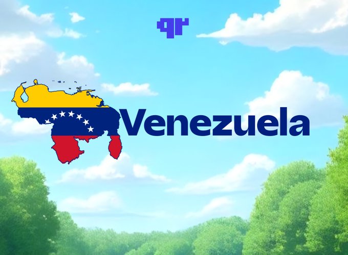 A graphic showing a map of Venezuela colored with its national flag design, alongside the text 'Venezuela' against a background of blue sky and green trees.