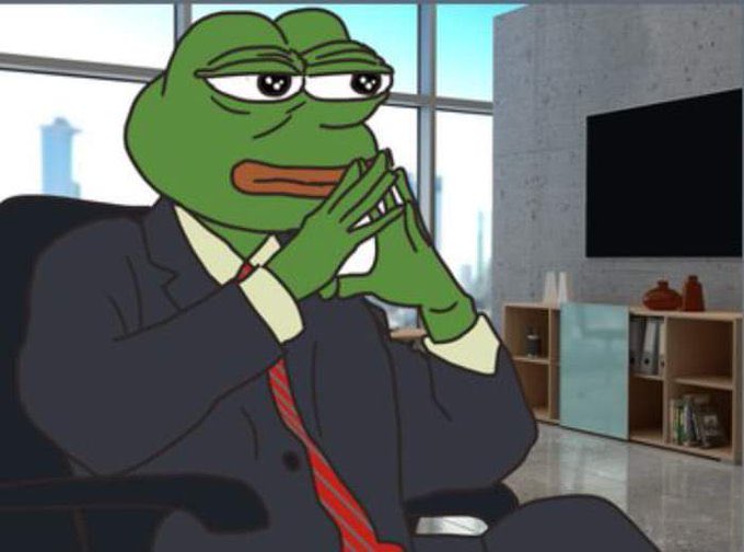 A skeptical Pepe cartoon character dressed in a business suit sits in an office with hands clasped, appearing contemplative. The image conveys the cautious, observing sentiment of the post, suggesting reluctance to jump on the sudden ARB rally after its sharp 3x price increase.
