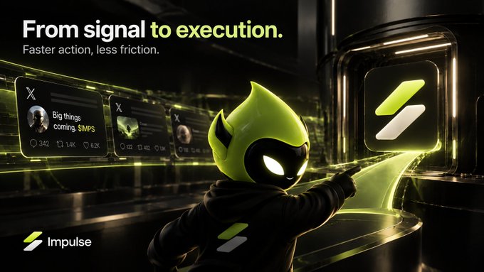 A promo image for the "Impulse" trading terminal featuring a flame-headed mascot pointing at a glowing green "Z" logo, with the tagline "From signal to execution. Faster action, less friction." and floating social feed panels showing crypto metrics like "$IMPS" with 342 likes and 1.4K views—visually previewing the terminal's streamlined interface for $IMPS holders.