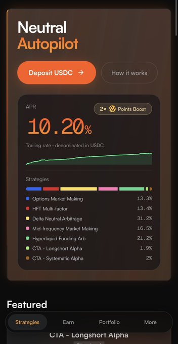 A "Neutral Autopilot" financial dashboard showing 10.20% APR trailing rate in USDC with various strategies including Options Market Making (13.3%), HFT Multi-factor (13.4%), Delta Neutral Arbitrage (31.2%), and Mid-frequency Market Making (16.5%).