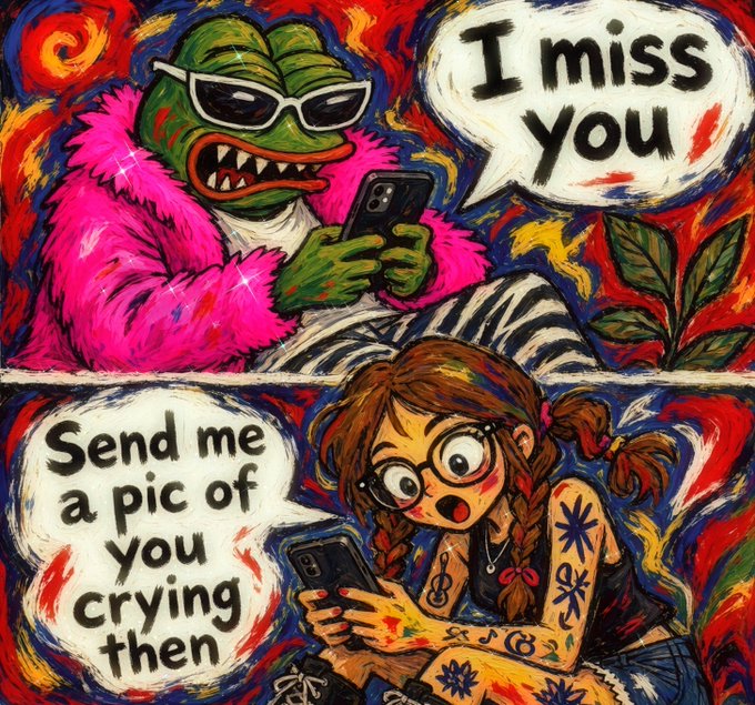 A colorful, Van Gogh-style painting in two panels shows a fashionable green turtle texting 'I miss you' while a young girl with glasses and tattoos responds 'Send me a pic of you crying then.'