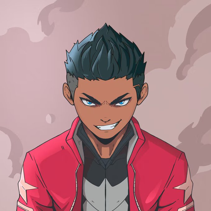 An anime-style character with spiky black hair, blue eyes, and a confident smirk wearing a red jacket, fitting the bold, racing-inspired persona associated with @Racerz_eth.