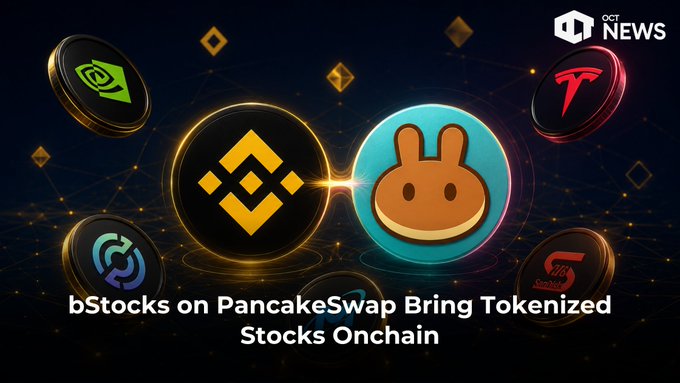 The image features a poster for PancakeSwap that promotes its tokenized U.S. securities. The poster includes various coins, including one with a cartoon bunny face, as well as other coins such as Bitcoin and Tether. The text on the poster highlights the benefits of using PancakeSwap's tokens, which include 24/7 trading, 1:1 backing, and access to BNB Chain.