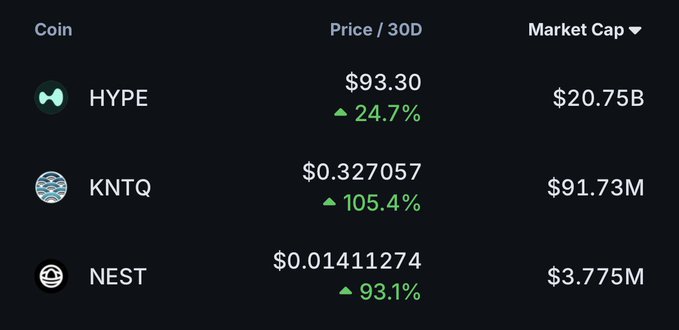 A cryptocurrency market table showing HYPE at $93.30 (up 24.7%) with $20.75B market cap, KNTQ at $0.327057 (up 105.4%) with $91.73M market cap, and NEST at $0.01411274 (up 93.1%) with $3.775M market cap.