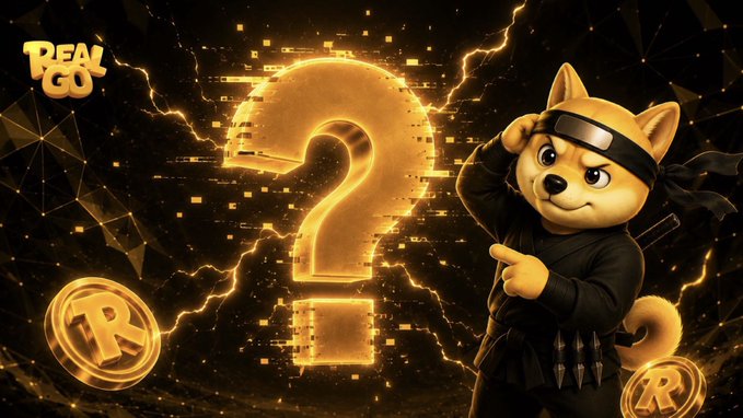 The image features a large glowing question mark with a cartoon ninja Shiba Inu character alongside "REAL GO" text and "RT" coin logos, visually reinforcing the giveaway's "Guess Who's Next" theme by creating an air of mystery around the upcoming heavyweight partner announcement.