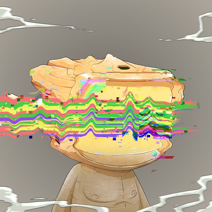 A digital illustration of a wooden or blocky character with an oversized, cracked, rock-like head that obscures its face, overlaid with vibrant horizontal glitch lines in neon pink, green, yellow, blue, and red that cut across the middle of the image, set against a muted gray background with stylized white splatters, visually representing the chaotic, distorted "Blokyz." aesthetic referenced in the post.