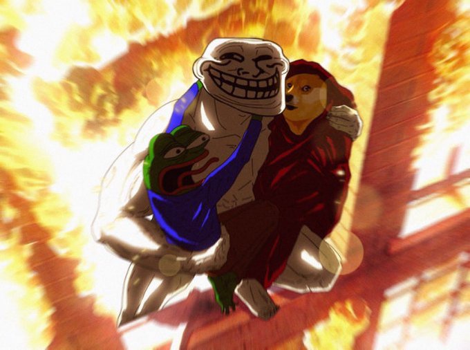 A digital illustration showing a muscular figure wearing a trollface mask holding both a Pepe the Frog and another person, all set against a backdrop of intense flames.