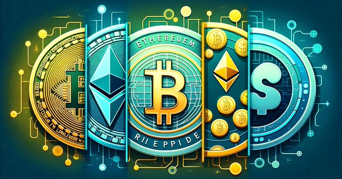 A colorful digital graphic featuring cryptocurrency symbols including Bitcoin (B) and Ethereum, displayed as ornate golden and teal coins on a circuit board background with various logos.