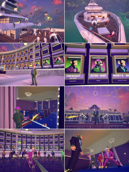 A collage of eight screenshots from a 3D multiplayer game showing yachts, NFT galleries with portraits labeled 'FRESHOUT', 'OTTER #2307', and 'HONEY B. #66', and casino-style environments.