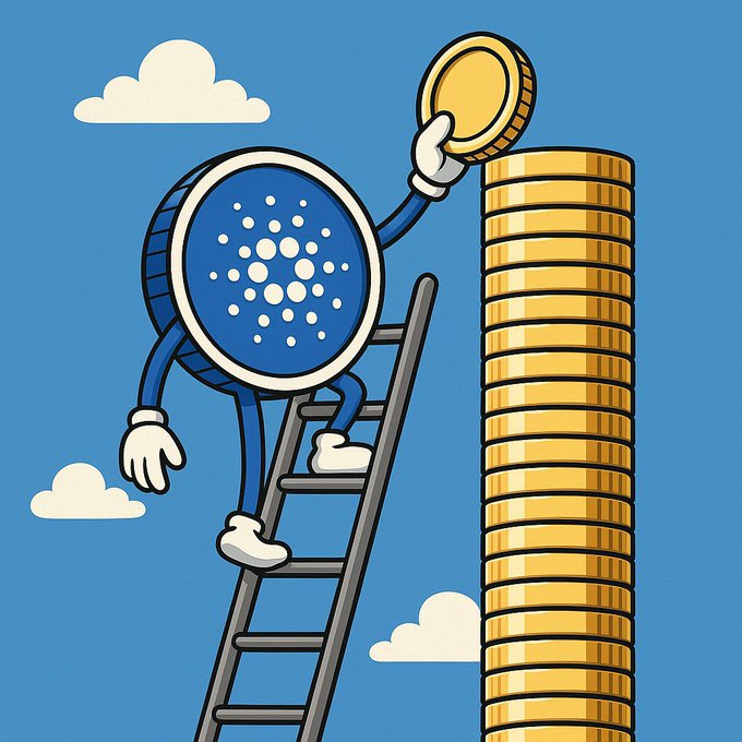An animated blue coin character with the Cardano logo climbing a ladder while placing a gold coin on top of a tall stack of gold coins against a bright blue sky with clouds.