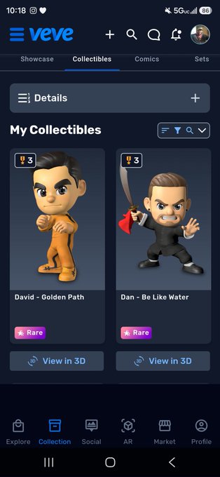 The image shows a screenshot of a mobile device screen displaying two different 3D models of characters, one orange and one black, with their respective prices. The text "Spent 90 gems on this surprise @veve_official drop!" indicates that someone has purchased these items using Veve's app or website.