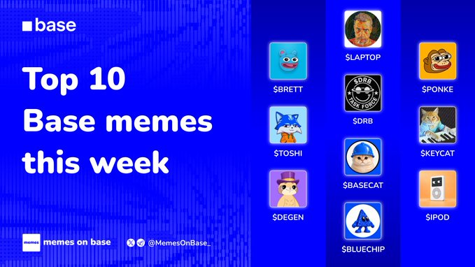 A blue promotional graphic titled 'Top 10 Base memes this week' from 'MemesOnBase_' showcases various meme coin icons and characters, including $BRETT, $TOSHI, $DEGEN, $BLUECHIP, and $PONKE.