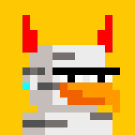 A pixel art illustration of a grey creature with red horns, sunglasses, and an orange scarf against a yellow background.