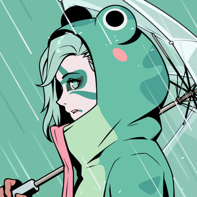 An anime-style illustration of a character with teal hair wearing a green frog hoodie, holding an umbrella while standing in the rain.
