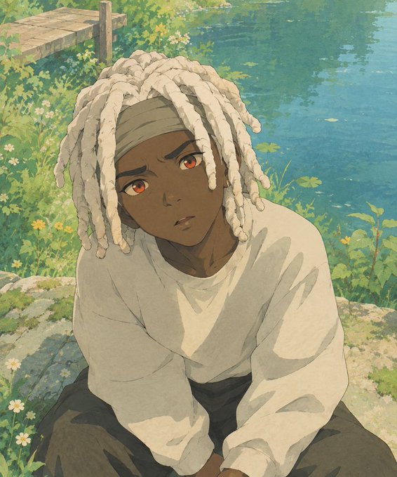 An anime-style illustration depicts a young person with white dreadlocks and red eyes, wearing a cream-colored long-sleeve shirt, sitting outdoors near a lake with greenery and small white flowers in the background.