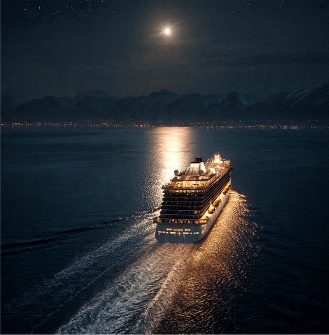 A large illuminated cruise ship sails across moonlit waters at night, its wake trailing behind as a full moon reflects on the sea with mountains in the distance. The image visually reinforces the post's emphasis on Ethra Ship's real-world maritime operations and active vessels in the Web3 shipping ecosystem.