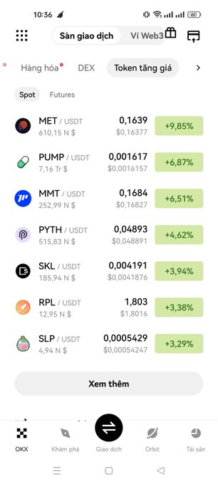 A screenshot of a mobile cryptocurrency trading app interface in Vietnamese, displaying a 'Token tăng giá' (Rising tokens) list with pairs like MET/USDT (+9.85%), PUMP/USDT (+6.87%), and MMT/USDT (+6.51%).